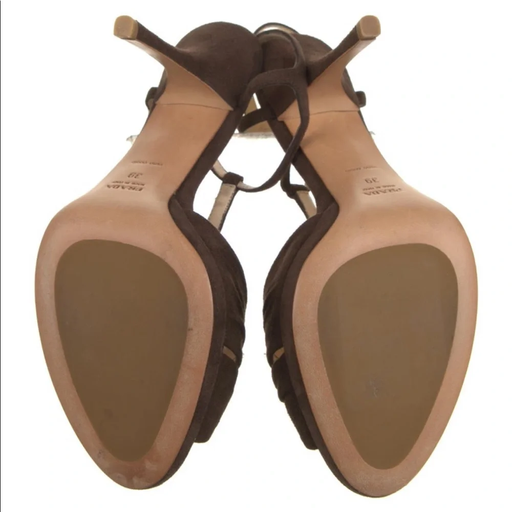Prada Cutout Peep Open Toe Suede T-Strap Platform Stiletto Pump Heels Sandals - Picture 5 of 12